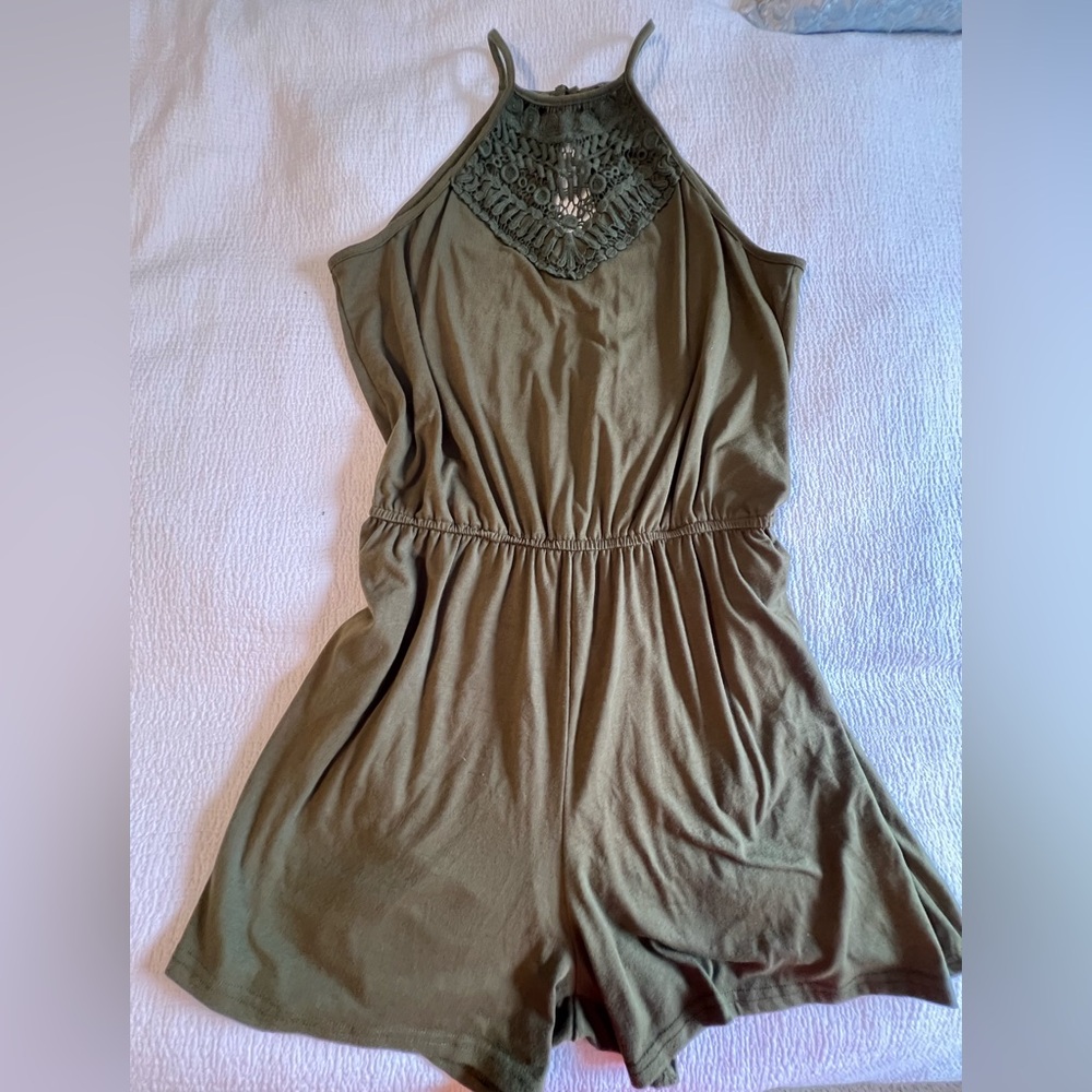 Olive Green Halter Romper with Embellished Neckline